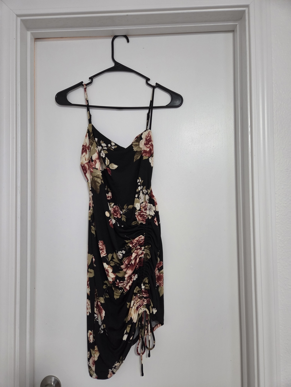 Black Floral Ruched Mini Slip Dress with Burgundy Roses